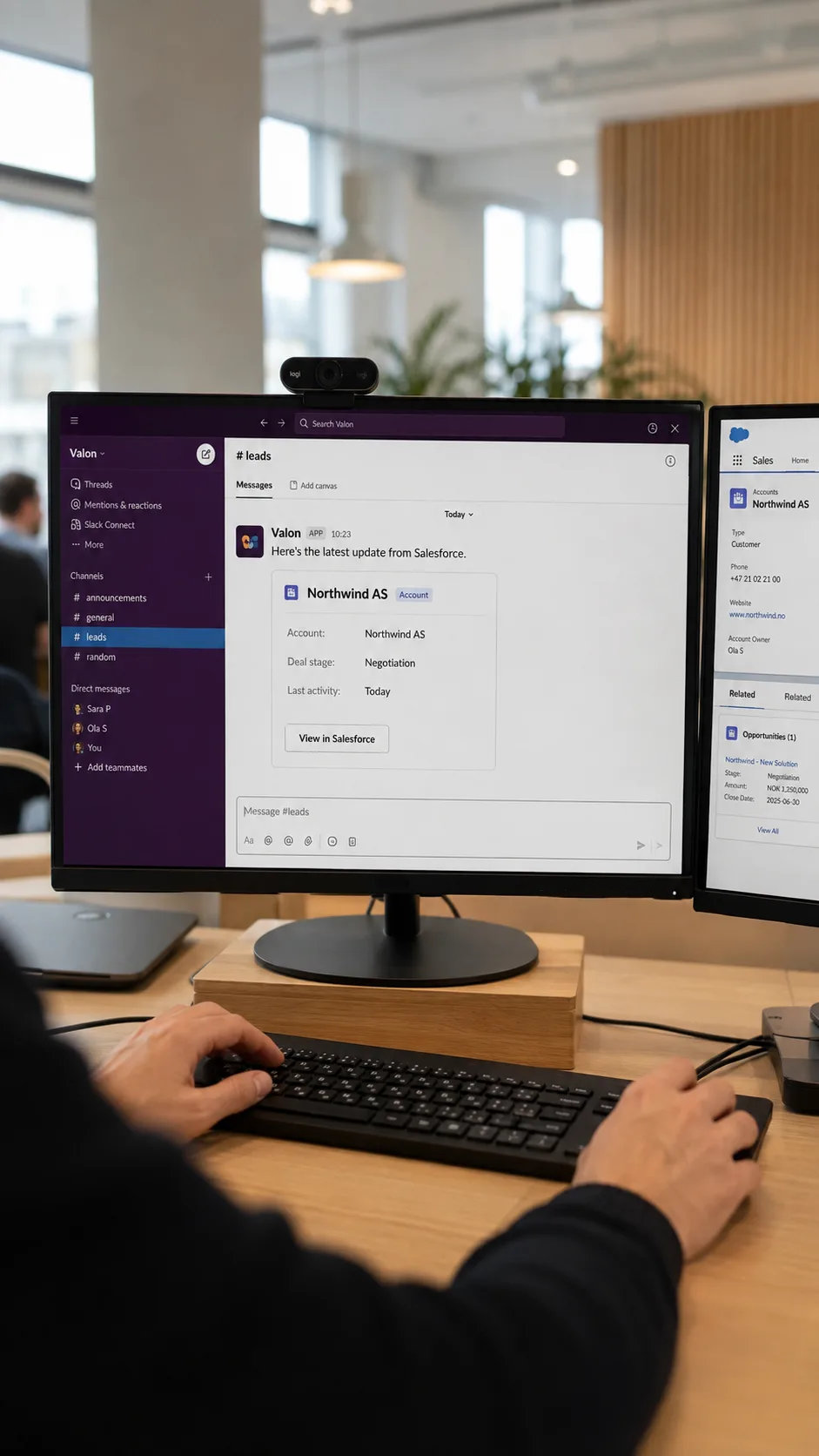 Slack and Salesforce connected on a monitor in an Oslo office